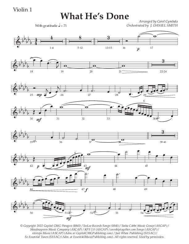 What He's Done (Choral Anthem SATB) Violin 1 (The Brooklyn Tabernacle Choir / Arr. Carol Cymbala / Orch. J. Daniel Smith)