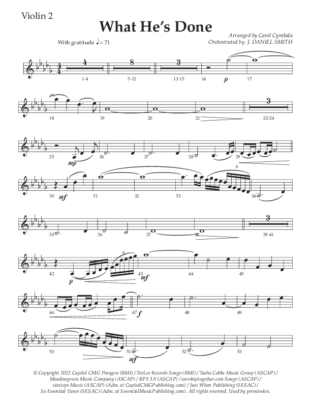 What He's Done (Choral Anthem SATB) Violin 2 (The Brooklyn Tabernacle Choir / Arr. Carol Cymbala / Orch. J. Daniel Smith)