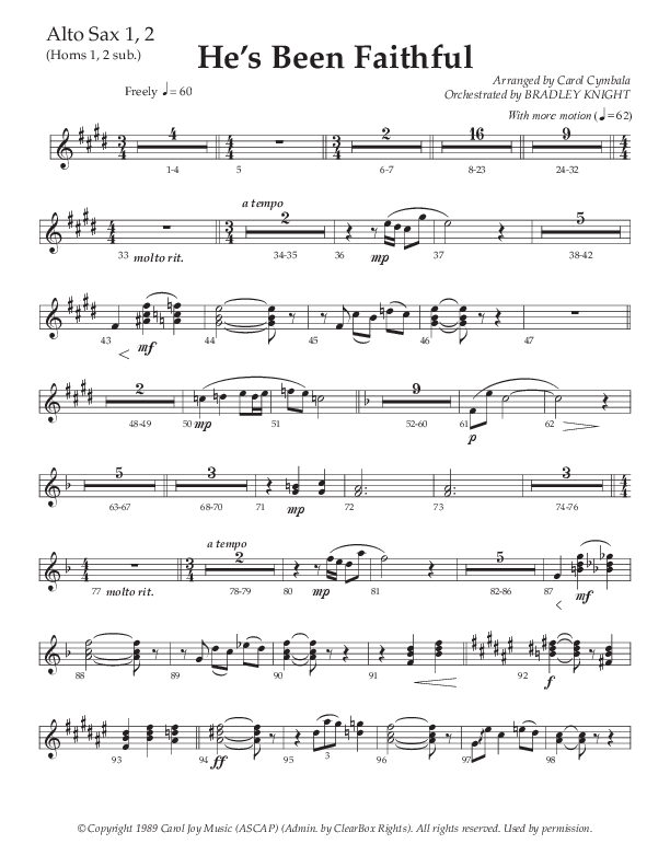 He’s Been Faithful (Choral Anthem SATB) Alto Sax 1/2 (The Brooklyn Tabernacle Choir / TaRanda Greene / Arr. Carol Cymbala / Orch. Bradley Knight)