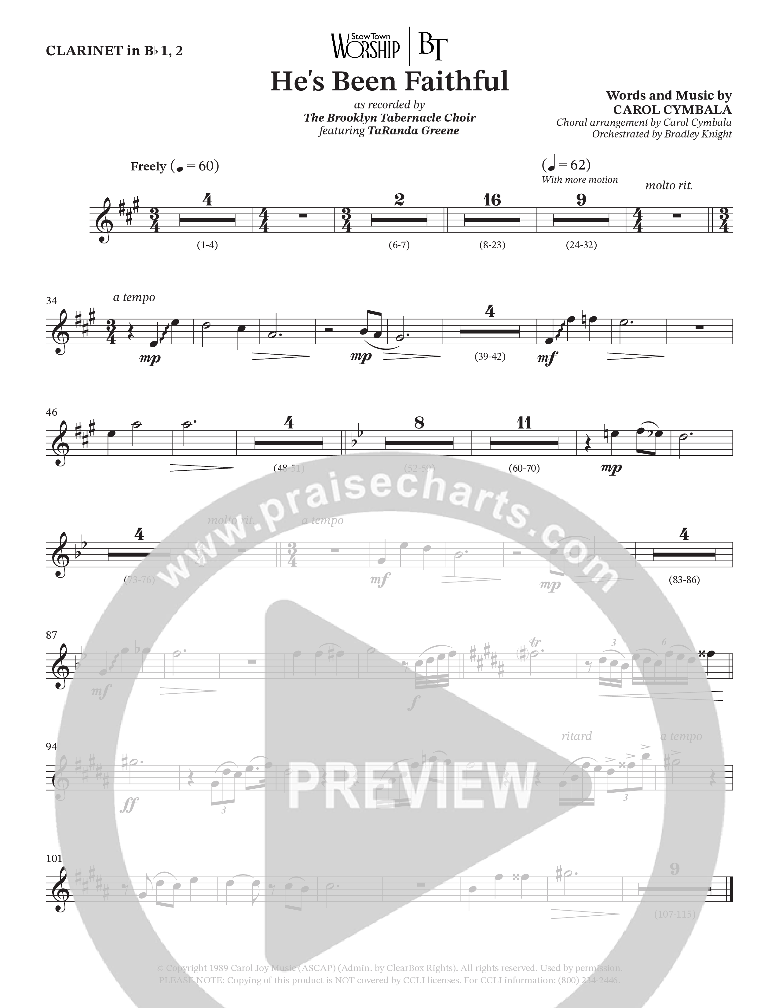 He’s Been Faithful (Choral Anthem SATB) Clarinet 1/2 (The Brooklyn Tabernacle Choir / TaRanda Greene / Arr. Carol Cymbala / Orch. Bradley Knight)