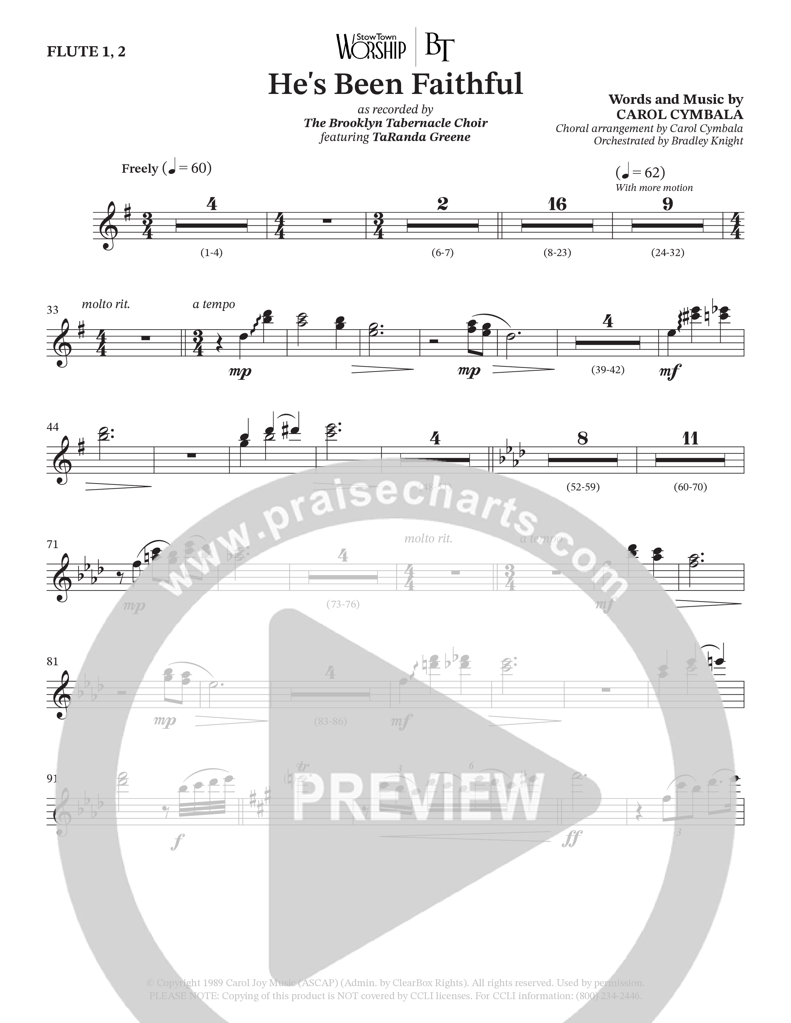 He’s Been Faithful (Choral Anthem SATB) Flute 1/2 (The Brooklyn Tabernacle Choir / TaRanda Greene / Arr. Carol Cymbala / Orch. Bradley Knight)
