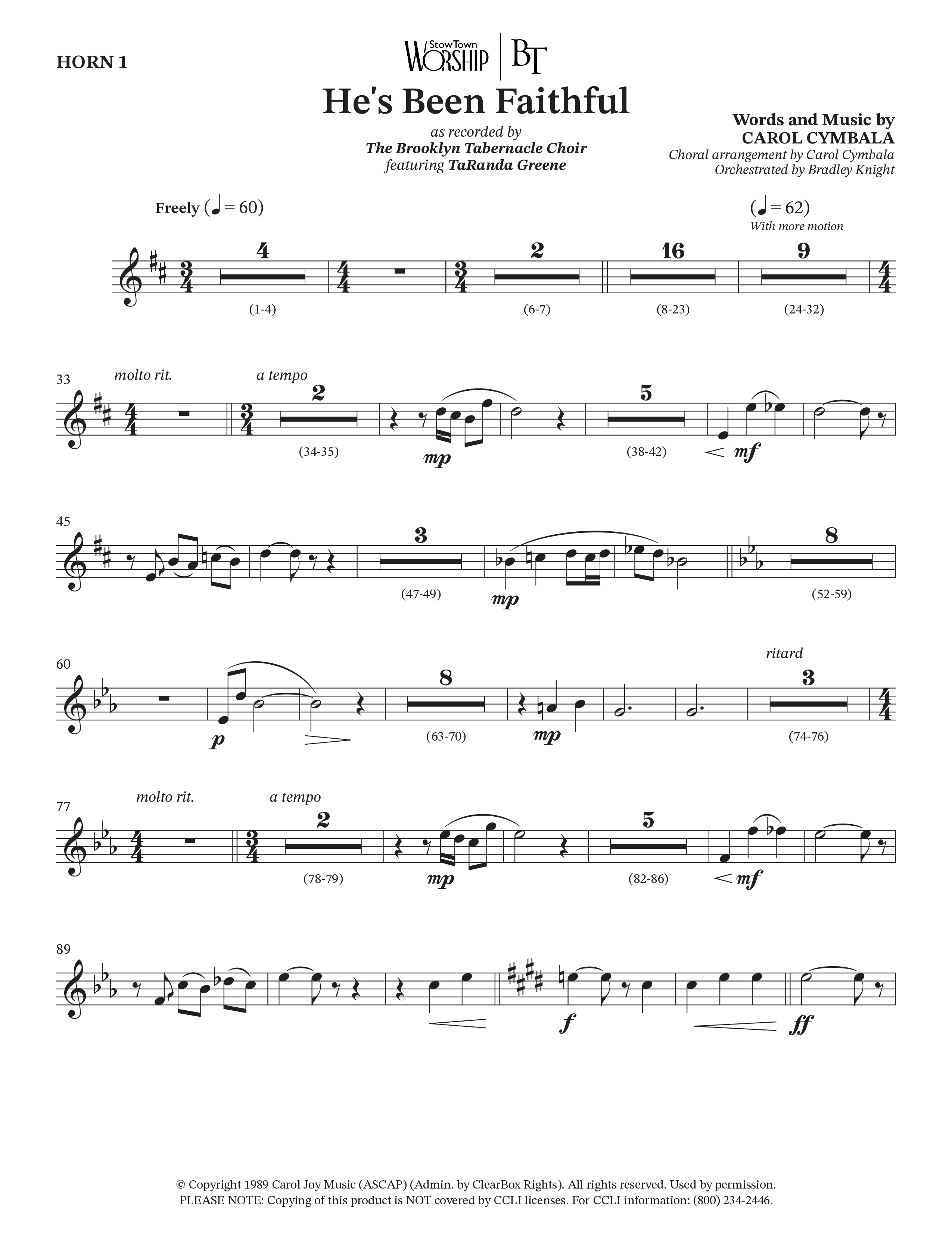 He’s Been Faithful (Choral Anthem SATB) French Horn (The Brooklyn Tabernacle Choir / TaRanda Greene / Arr. Carol Cymbala / Orch. Bradley Knight)