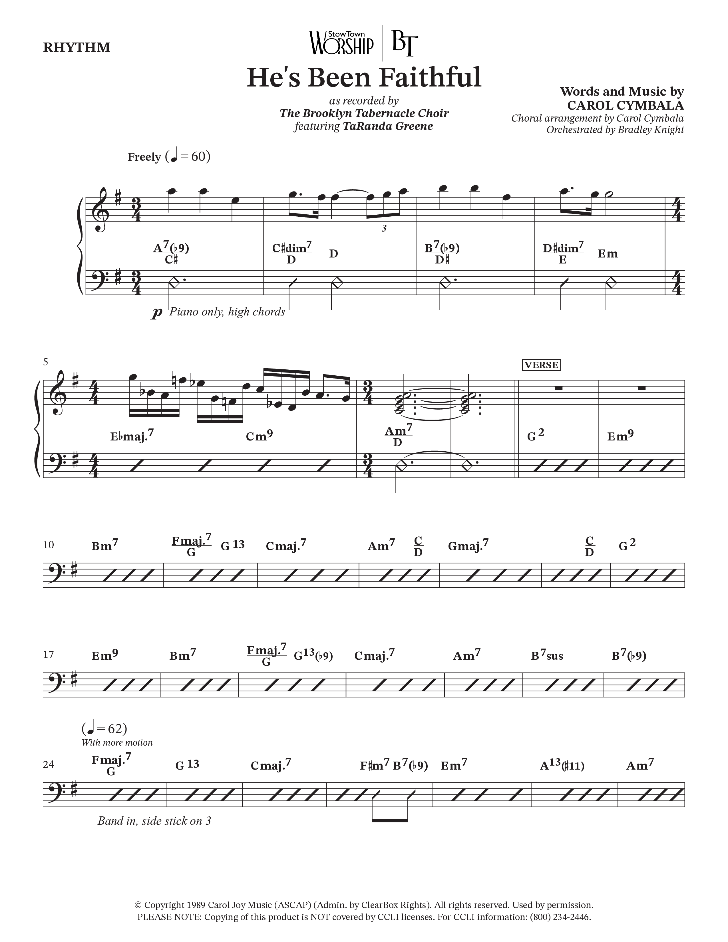 He’s Been Faithful (Choral Anthem SATB) Rhythm Chart (The Brooklyn Tabernacle Choir / TaRanda Greene / Arr. Carol Cymbala / Orch. Bradley Knight)