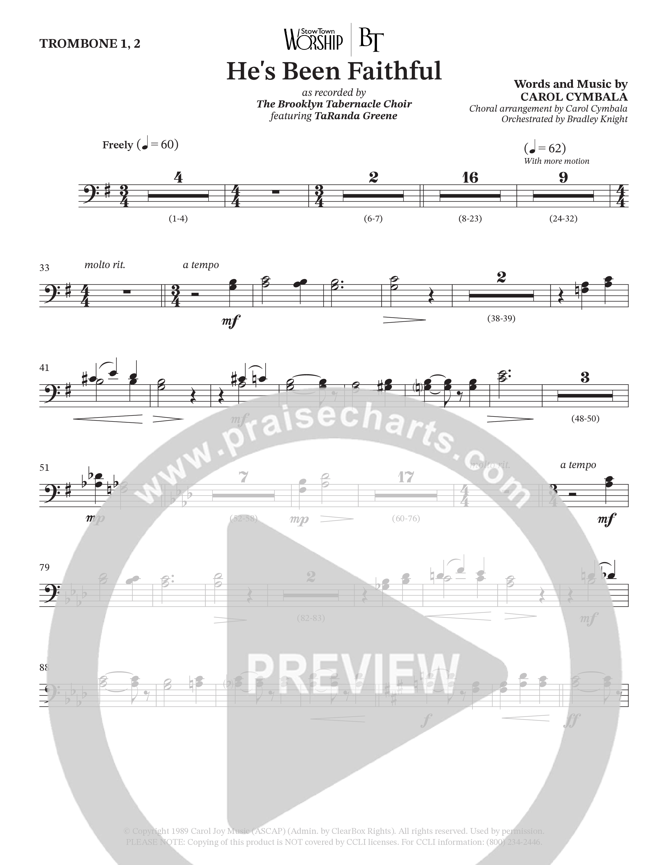 He’s Been Faithful (Choral Anthem SATB) Trombone 1/2 (The Brooklyn Tabernacle Choir / TaRanda Greene / Arr. Carol Cymbala / Orch. Bradley Knight)