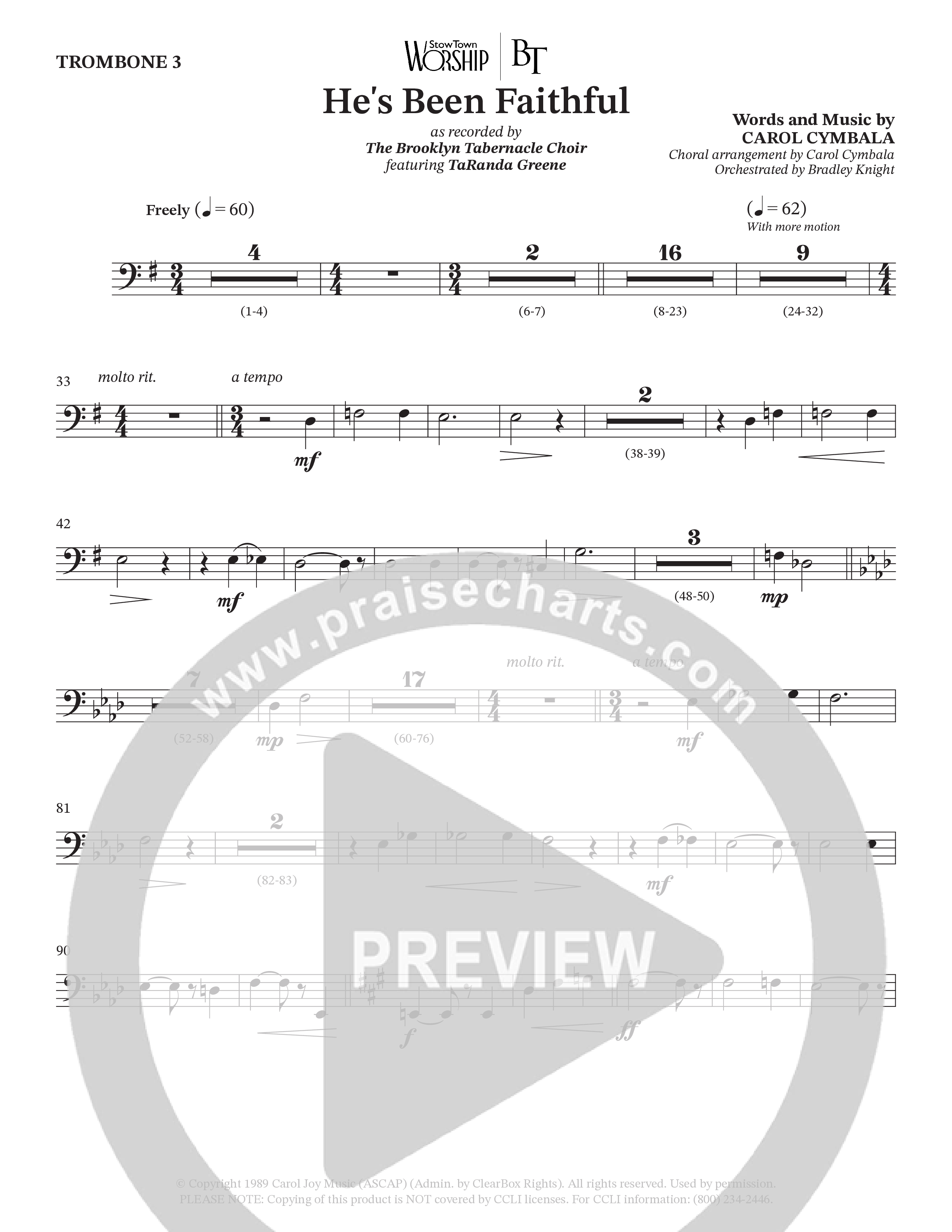 He’s Been Faithful (Choral Anthem SATB) Trombone 3 (The Brooklyn Tabernacle Choir / TaRanda Greene / Arr. Carol Cymbala / Orch. Bradley Knight)