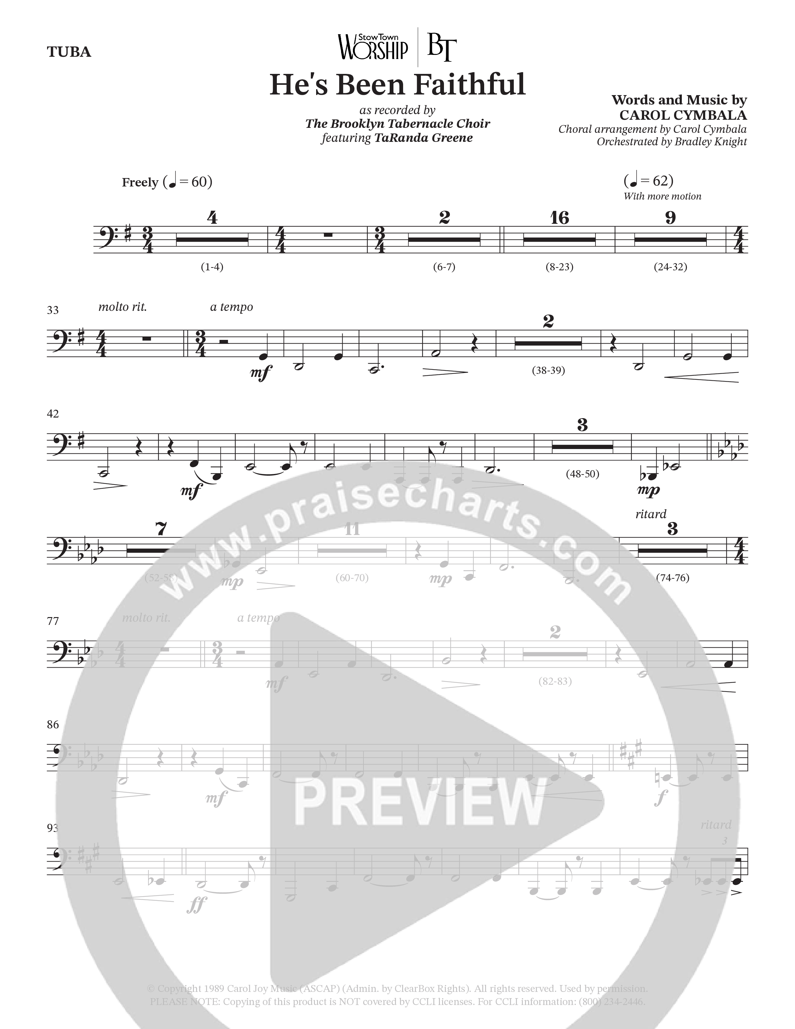 He’s Been Faithful (Choral Anthem SATB) Tuba (The Brooklyn Tabernacle Choir / TaRanda Greene / Arr. Carol Cymbala / Orch. Bradley Knight)