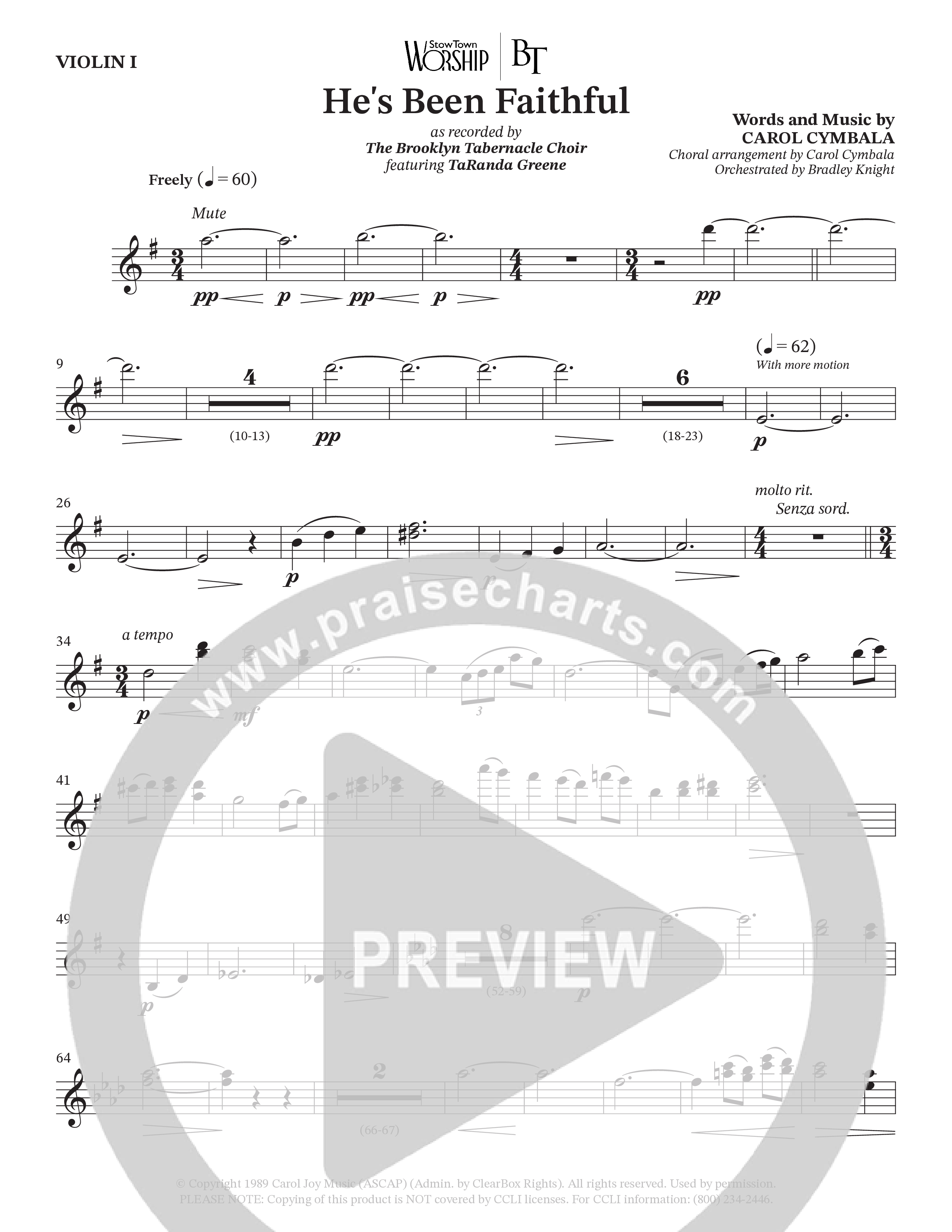 He’s Been Faithful (Choral Anthem SATB) Violin 1 (The Brooklyn Tabernacle Choir / TaRanda Greene / Arr. Carol Cymbala / Orch. Bradley Knight)