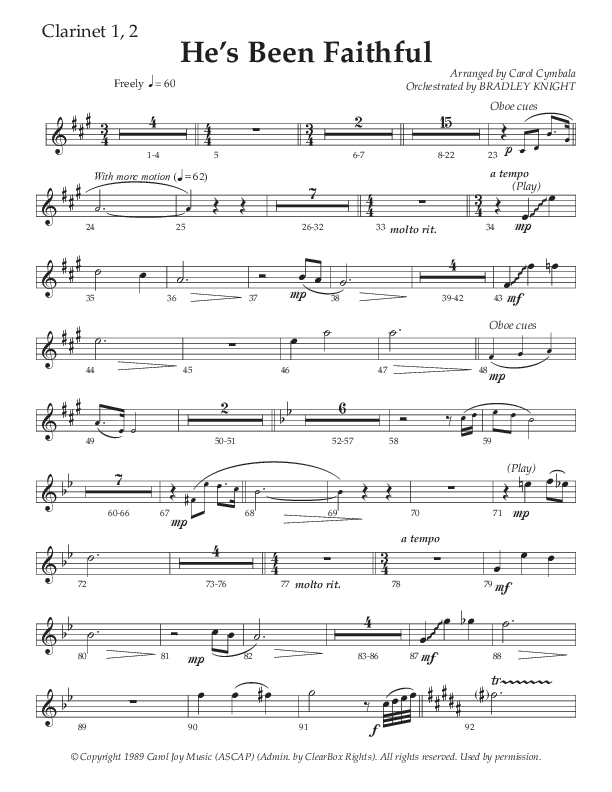 He’s Been Faithful (Choral Anthem SATB) Clarinet 1/2 (The Brooklyn Tabernacle Choir / TaRanda Greene / Arr. Carol Cymbala / Orch. Bradley Knight)