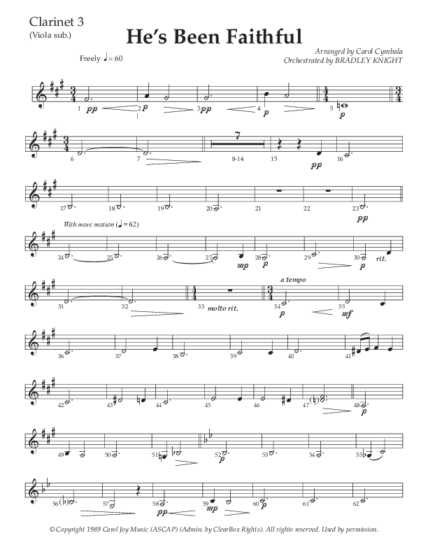 He’s Been Faithful (Choral Anthem SATB) Clarinet 3 (The Brooklyn Tabernacle Choir / TaRanda Greene / Arr. Carol Cymbala / Orch. Bradley Knight)