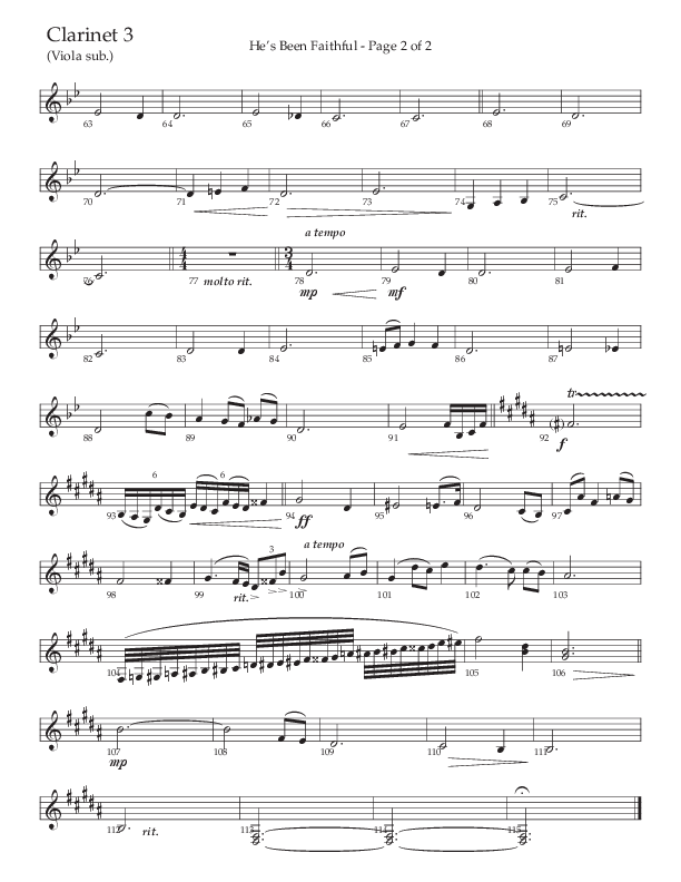He’s Been Faithful (Choral Anthem SATB) Clarinet 3 (The Brooklyn Tabernacle Choir / TaRanda Greene / Arr. Carol Cymbala / Orch. Bradley Knight)