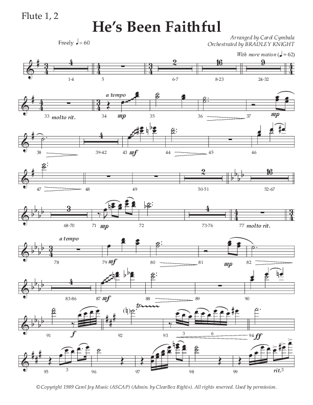 He’s Been Faithful (Choral Anthem SATB) Flute 1/2 (The Brooklyn Tabernacle Choir / TaRanda Greene / Arr. Carol Cymbala / Orch. Bradley Knight)