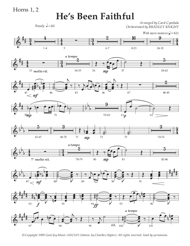 He’s Been Faithful (Choral Anthem SATB) French Horn 1/2 (The Brooklyn Tabernacle Choir / TaRanda Greene / Arr. Carol Cymbala / Orch. Bradley Knight)