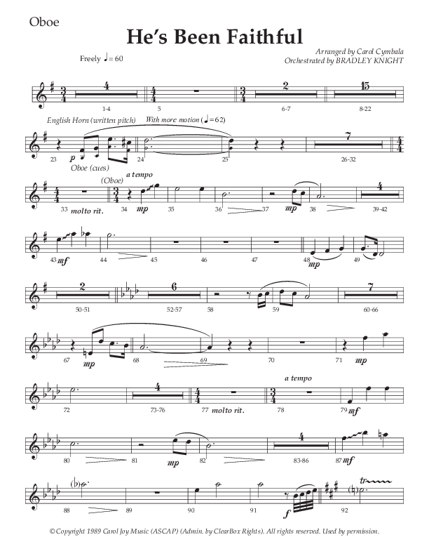 He’s Been Faithful (Choral Anthem SATB) Oboe (The Brooklyn Tabernacle Choir / TaRanda Greene / Arr. Carol Cymbala / Orch. Bradley Knight)