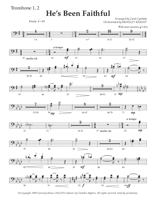 He’s Been Faithful (Choral Anthem SATB) Trombone 1/2 (The Brooklyn Tabernacle Choir / TaRanda Greene / Arr. Carol Cymbala / Orch. Bradley Knight)