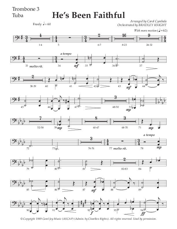 He’s Been Faithful (Choral Anthem SATB) Trombone 3/Tuba (The Brooklyn Tabernacle Choir / TaRanda Greene / Arr. Carol Cymbala / Orch. Bradley Knight)
