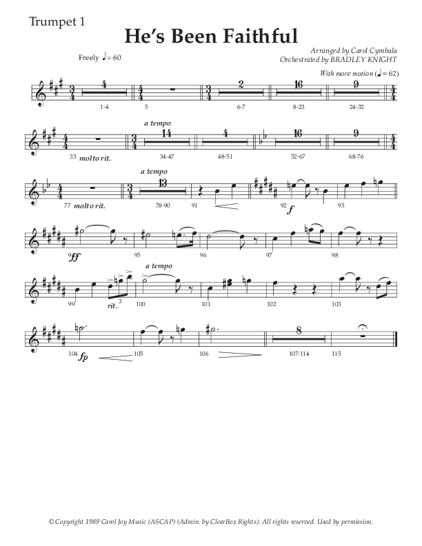 He’s Been Faithful (Choral Anthem SATB) Trumpet 1 (The Brooklyn Tabernacle Choir / TaRanda Greene / Arr. Carol Cymbala / Orch. Bradley Knight)