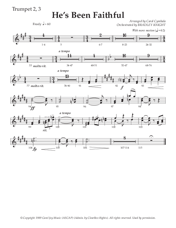 He’s Been Faithful (Choral Anthem SATB) Trumpet 2/3 (The Brooklyn Tabernacle Choir / TaRanda Greene / Arr. Carol Cymbala / Orch. Bradley Knight)