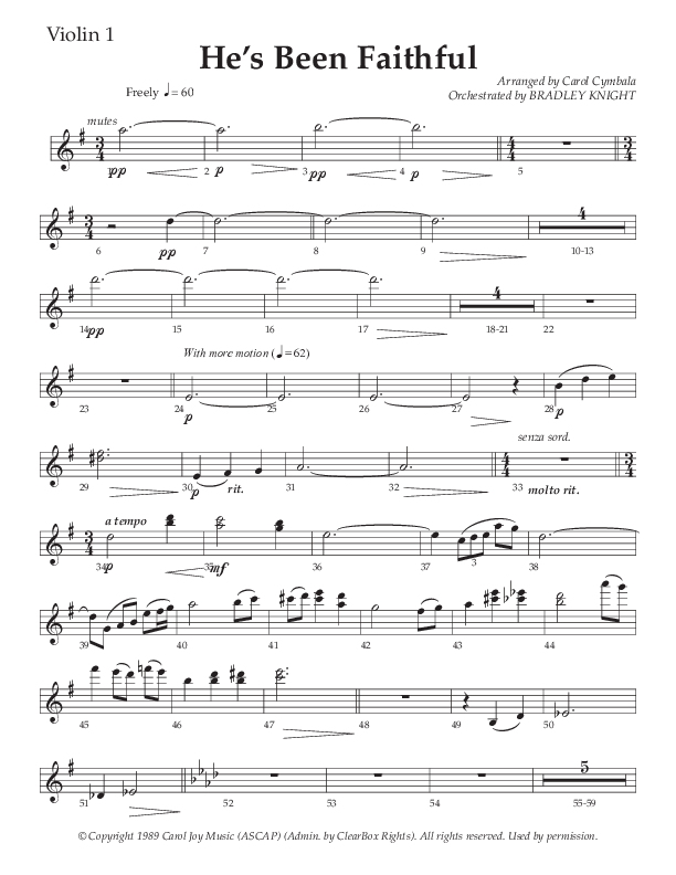 He’s Been Faithful (Choral Anthem SATB) Violin 1 (The Brooklyn Tabernacle Choir / TaRanda Greene / Arr. Carol Cymbala / Orch. Bradley Knight)
