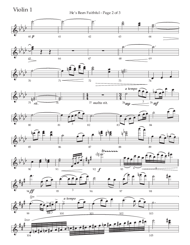 He’s Been Faithful (Choral Anthem SATB) Violin 1 (The Brooklyn Tabernacle Choir / TaRanda Greene / Arr. Carol Cymbala / Orch. Bradley Knight)