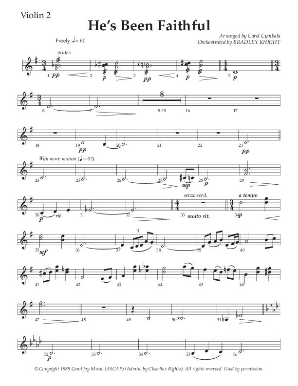 He’s Been Faithful (Choral Anthem SATB) Violin 2 (The Brooklyn Tabernacle Choir / TaRanda Greene / Arr. Carol Cymbala / Orch. Bradley Knight)