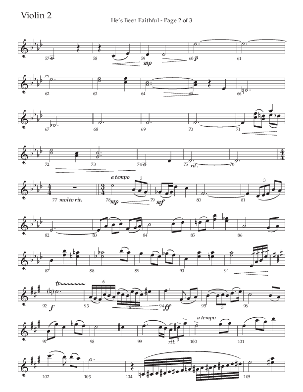 He’s Been Faithful (Choral Anthem SATB) Violin 2 (The Brooklyn Tabernacle Choir / TaRanda Greene / Arr. Carol Cymbala / Orch. Bradley Knight)