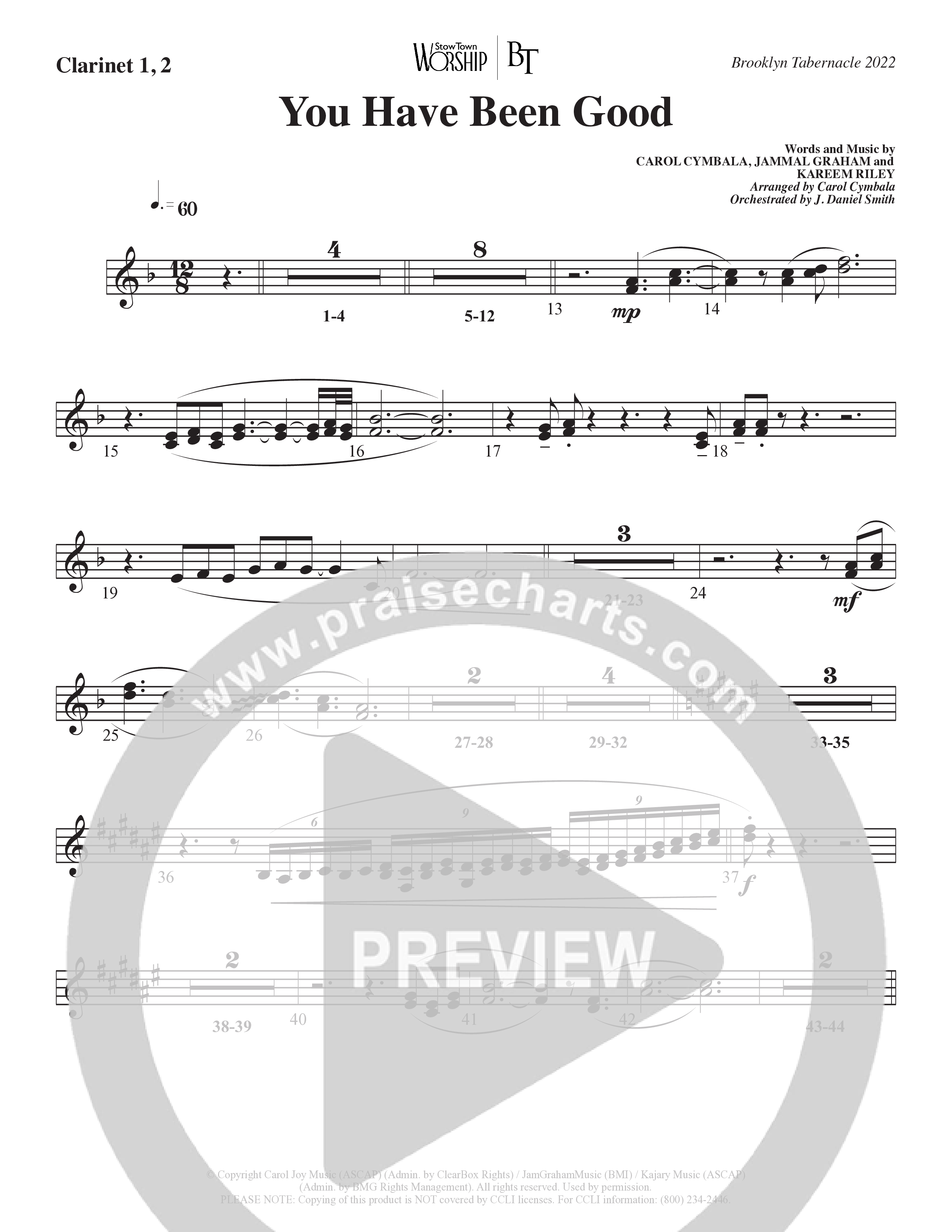 You Have Been Good (Choral Anthem SATB) Clarinet 1/2 (The Brooklyn Tabernacle Choir / Arr. Carol Cymbala / Orch. J. Daniel Smith)