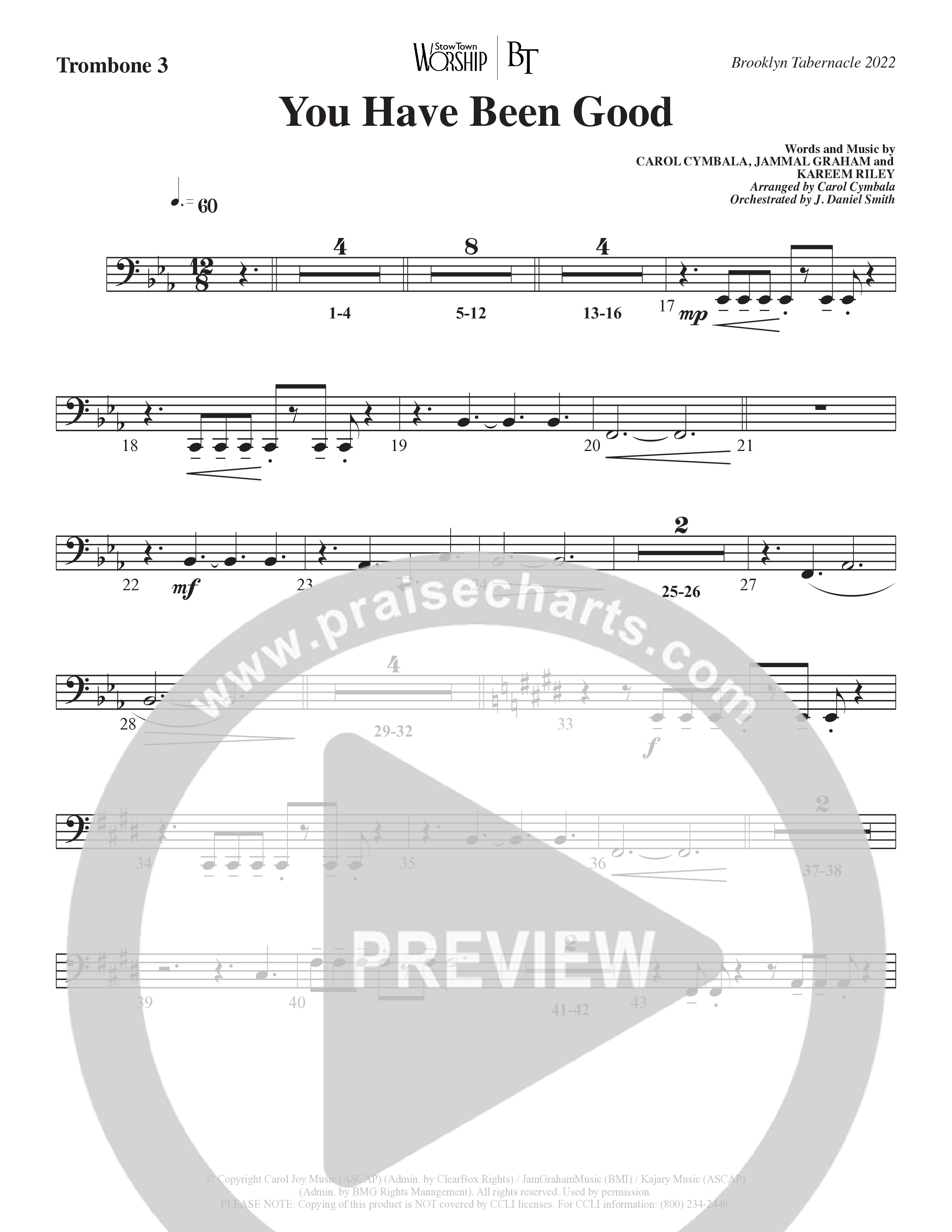 You Have Been Good (Choral Anthem SATB) Trombone 3 (The Brooklyn Tabernacle Choir / Arr. Carol Cymbala / Orch. J. Daniel Smith)