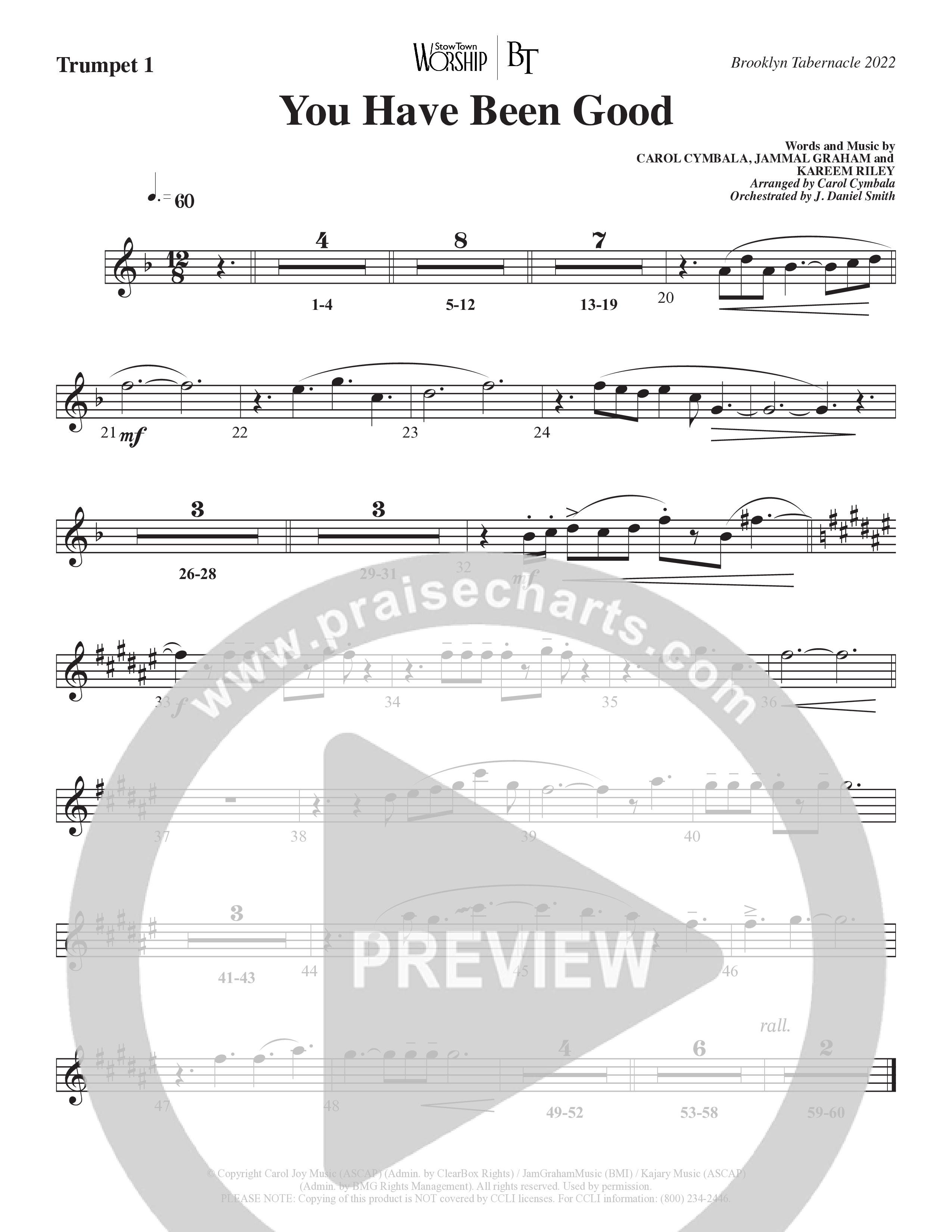 You Have Been Good (Choral Anthem SATB) Trumpet 1 (The Brooklyn Tabernacle Choir / Arr. Carol Cymbala / Orch. J. Daniel Smith)