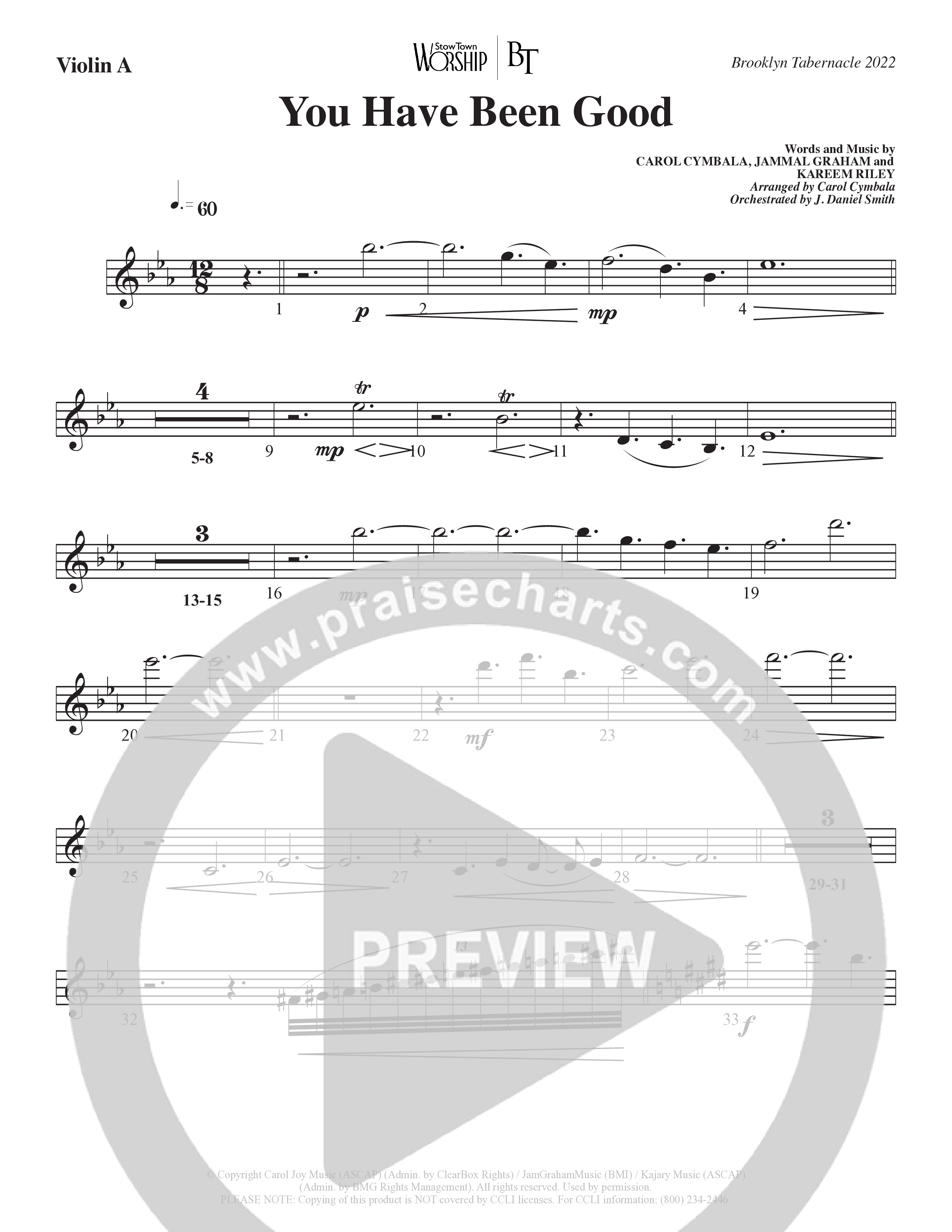 You Have Been Good (Choral Anthem SATB) Violin 1 (The Brooklyn Tabernacle Choir / Arr. Carol Cymbala / Orch. J. Daniel Smith)