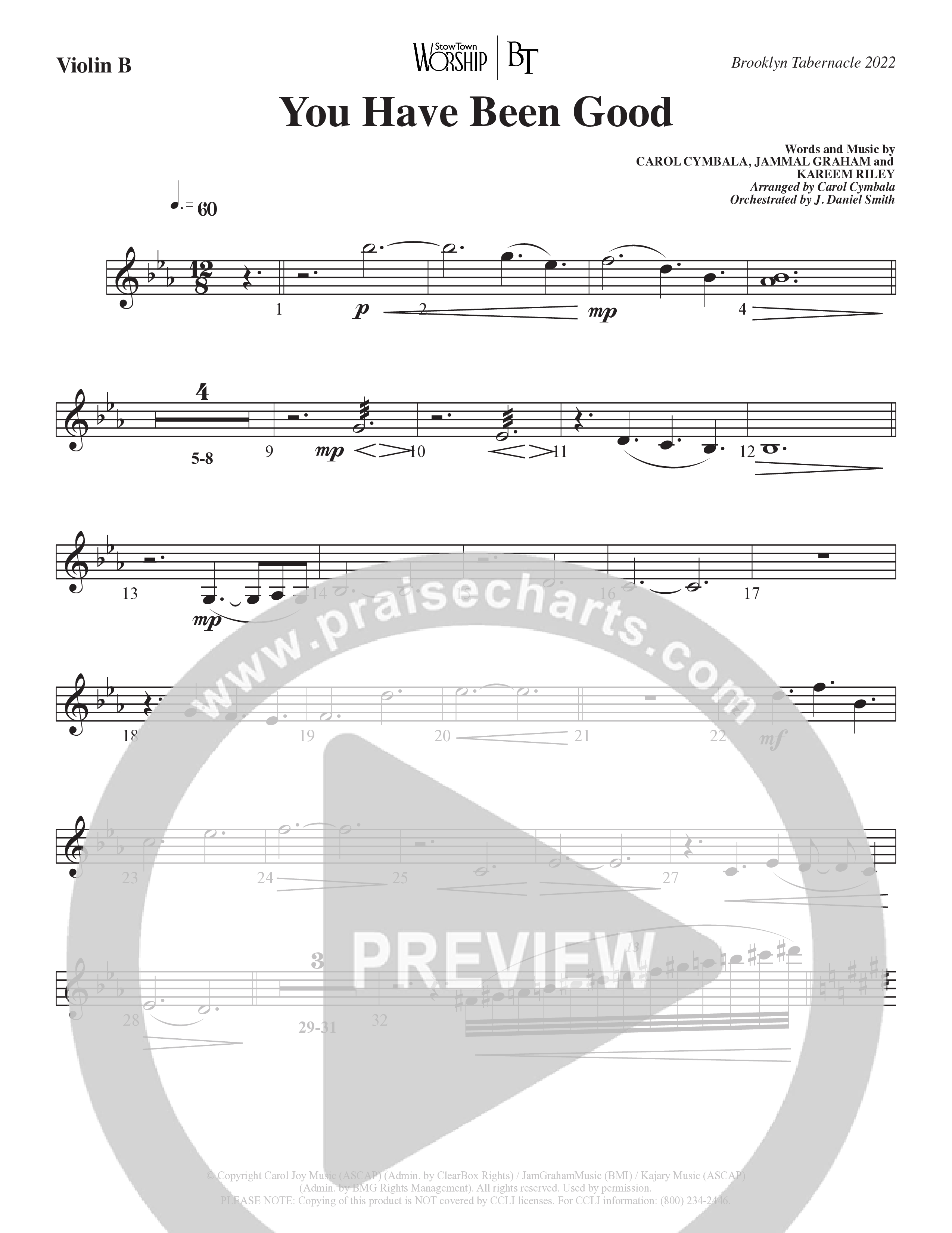 You Have Been Good (Choral Anthem SATB) Violin 2 (The Brooklyn Tabernacle Choir / Arr. Carol Cymbala / Orch. J. Daniel Smith)