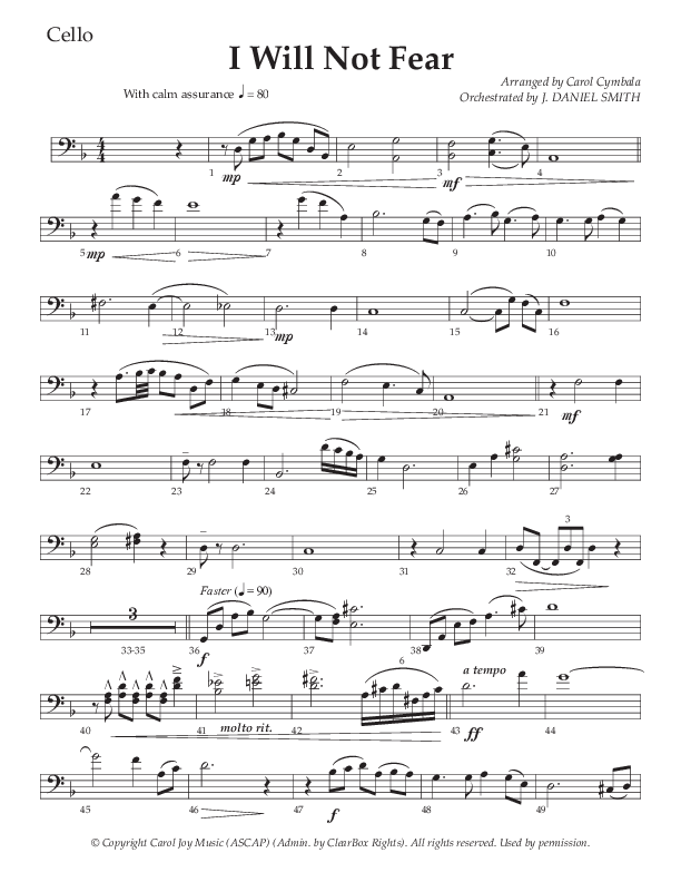 I Will Not Fear (Choral Anthem SATB) Cello (The Brooklyn Tabernacle Choir / Arr. Carol Cymbala / Orch. J. Daniel Smith)