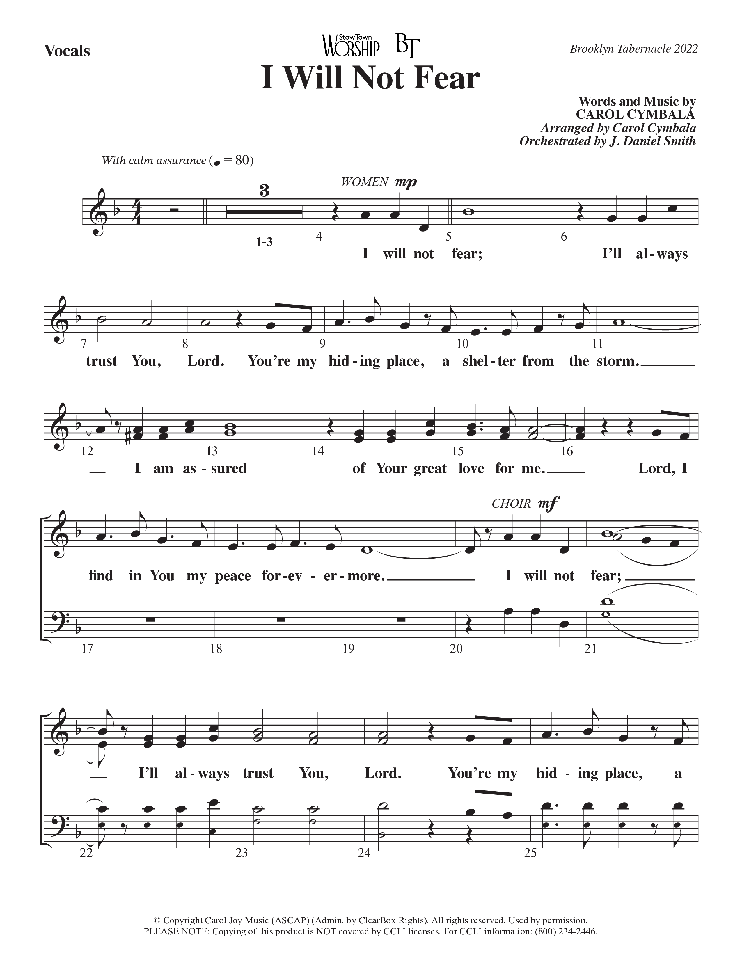I Will Not Fear (Choral Anthem SATB) Choir Sheet (SATB) (The Brooklyn Tabernacle Choir / Arr. Carol Cymbala / Orch. J. Daniel Smith)