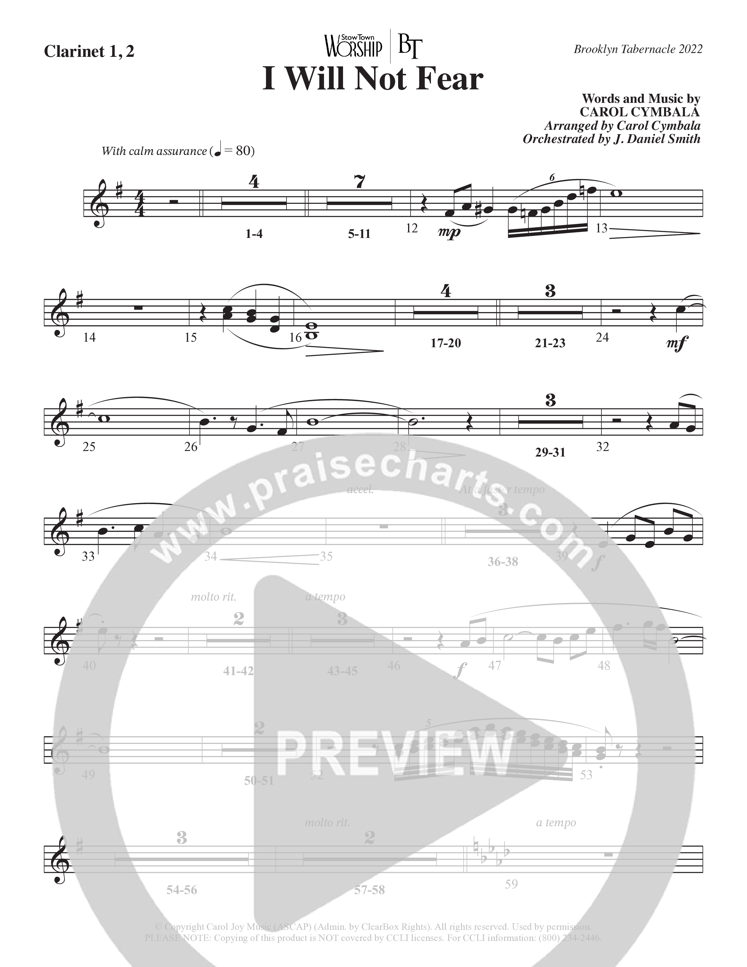 I Will Not Fear (Choral Anthem SATB) Clarinet 1/2 (The Brooklyn Tabernacle Choir / Arr. Carol Cymbala / Orch. J. Daniel Smith)