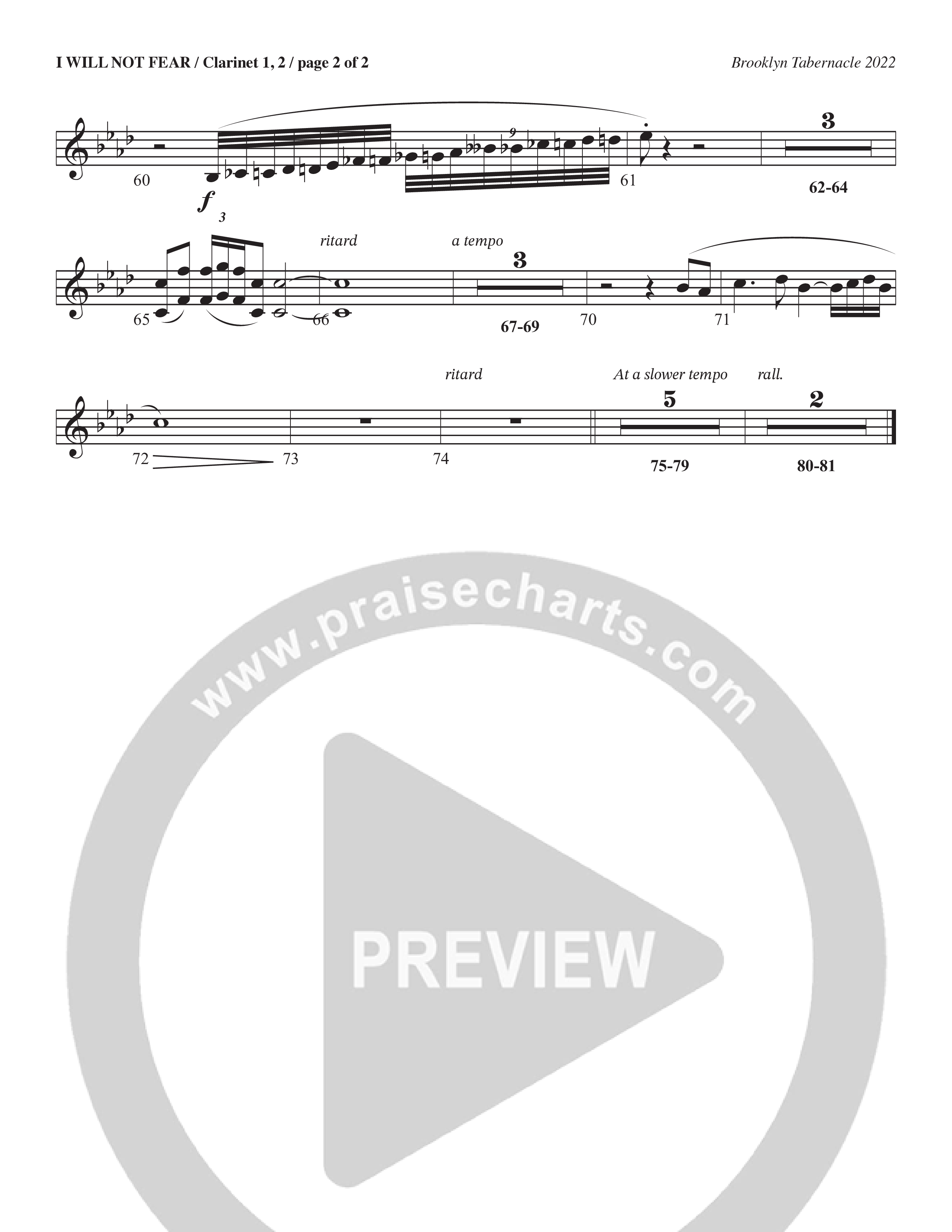I Will Not Fear (Choral Anthem SATB) Clarinet 1/2 (The Brooklyn Tabernacle Choir / Arr. Carol Cymbala / Orch. J. Daniel Smith)