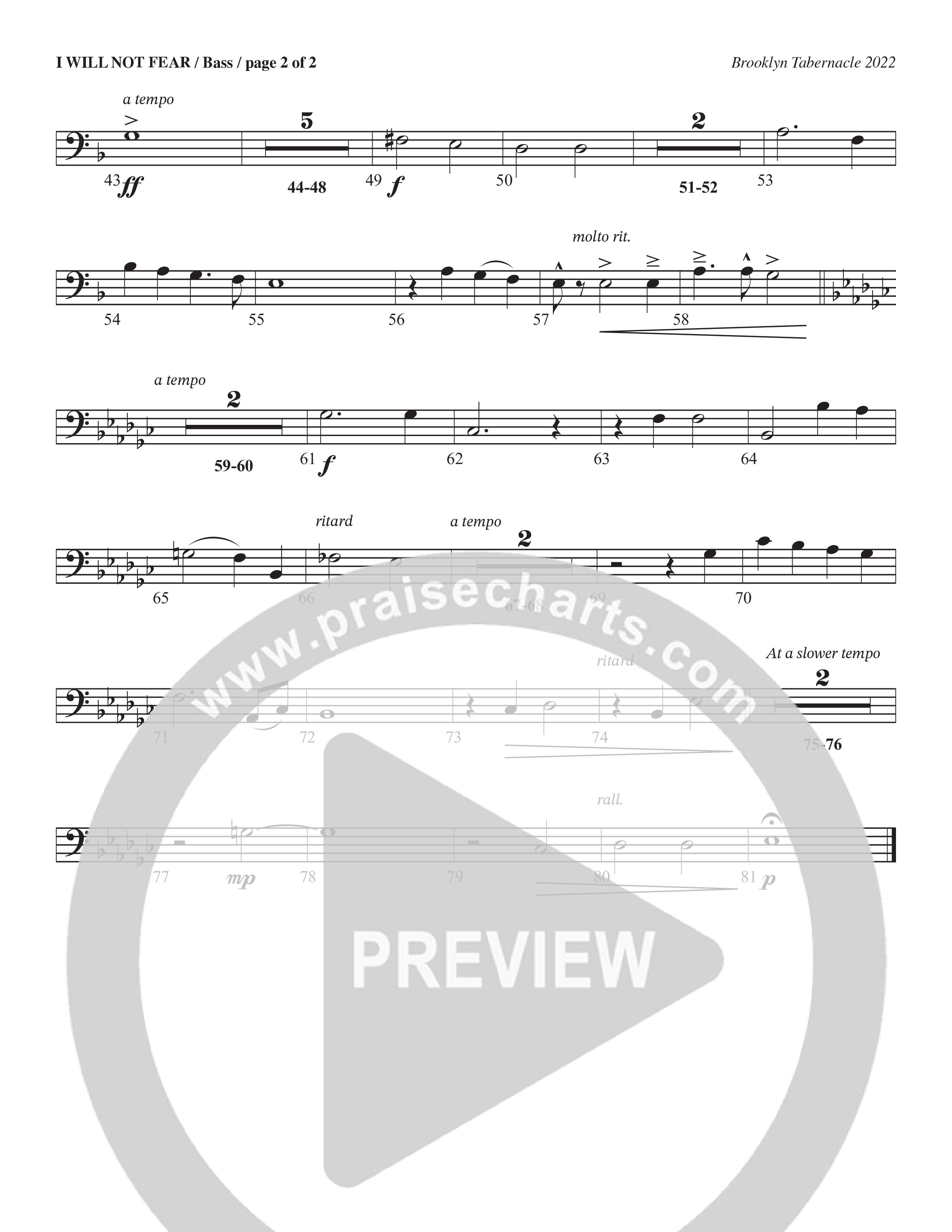 I Will Not Fear (Choral Anthem SATB) Double Bass (The Brooklyn Tabernacle Choir / Arr. Carol Cymbala / Orch. J. Daniel Smith)