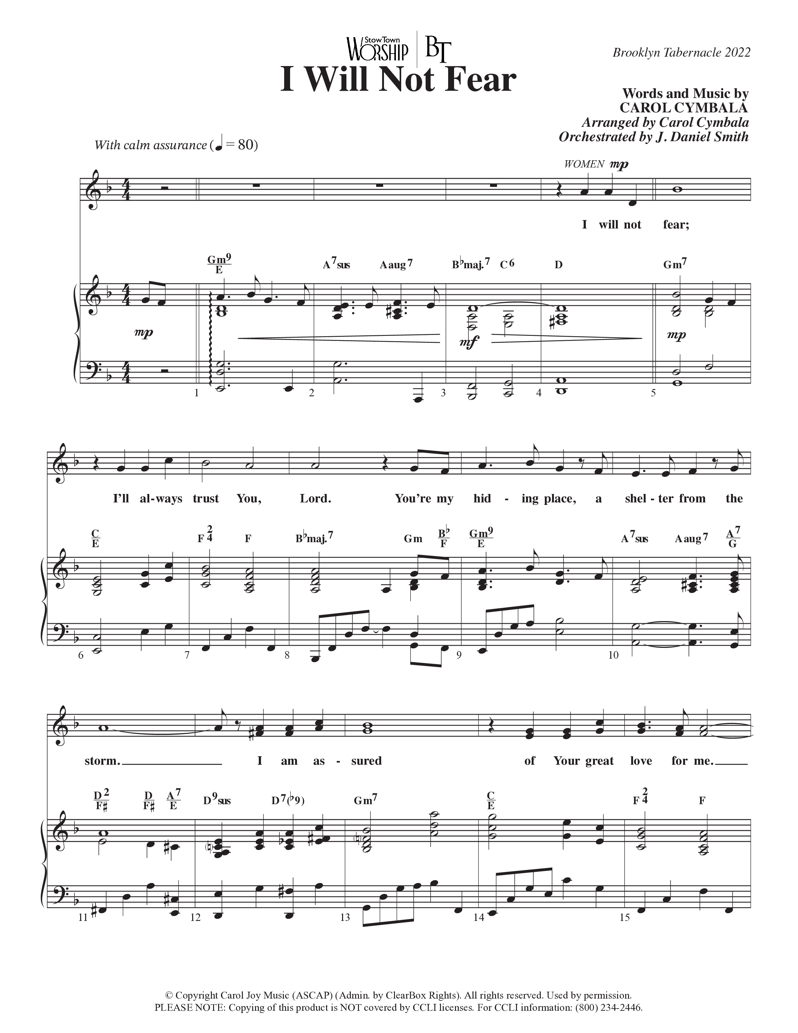 I Will Not Fear (Choral Anthem SATB) Anthem (SATB/Piano) (The Brooklyn Tabernacle Choir / Arr. Carol Cymbala / Orch. J. Daniel Smith)
