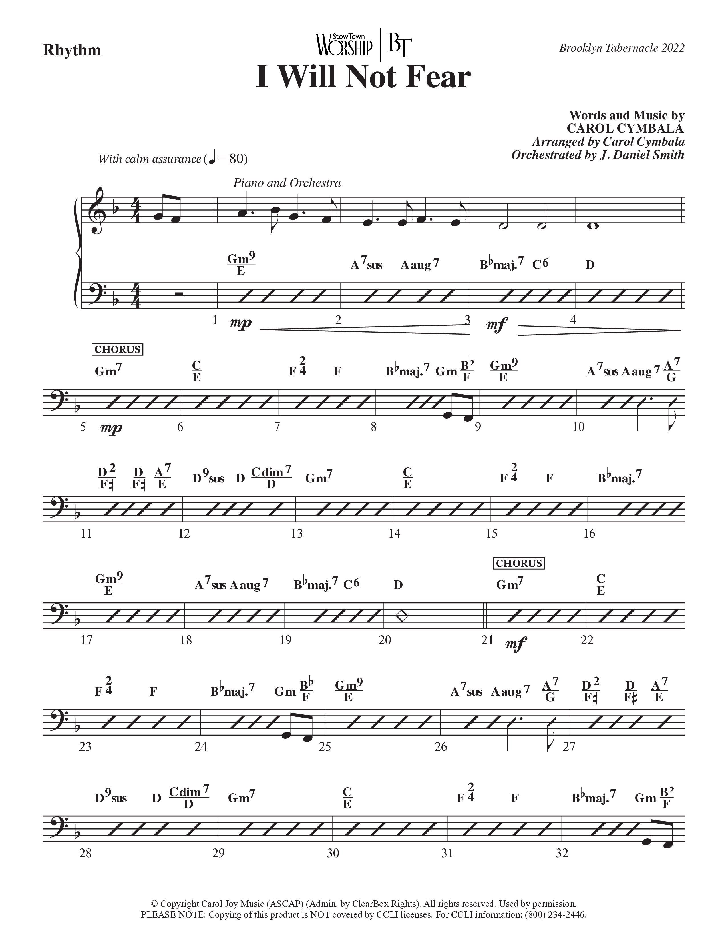 I Will Not Fear (Choral Anthem SATB) Rhythm Chart (The Brooklyn Tabernacle Choir / Arr. Carol Cymbala / Orch. J. Daniel Smith)