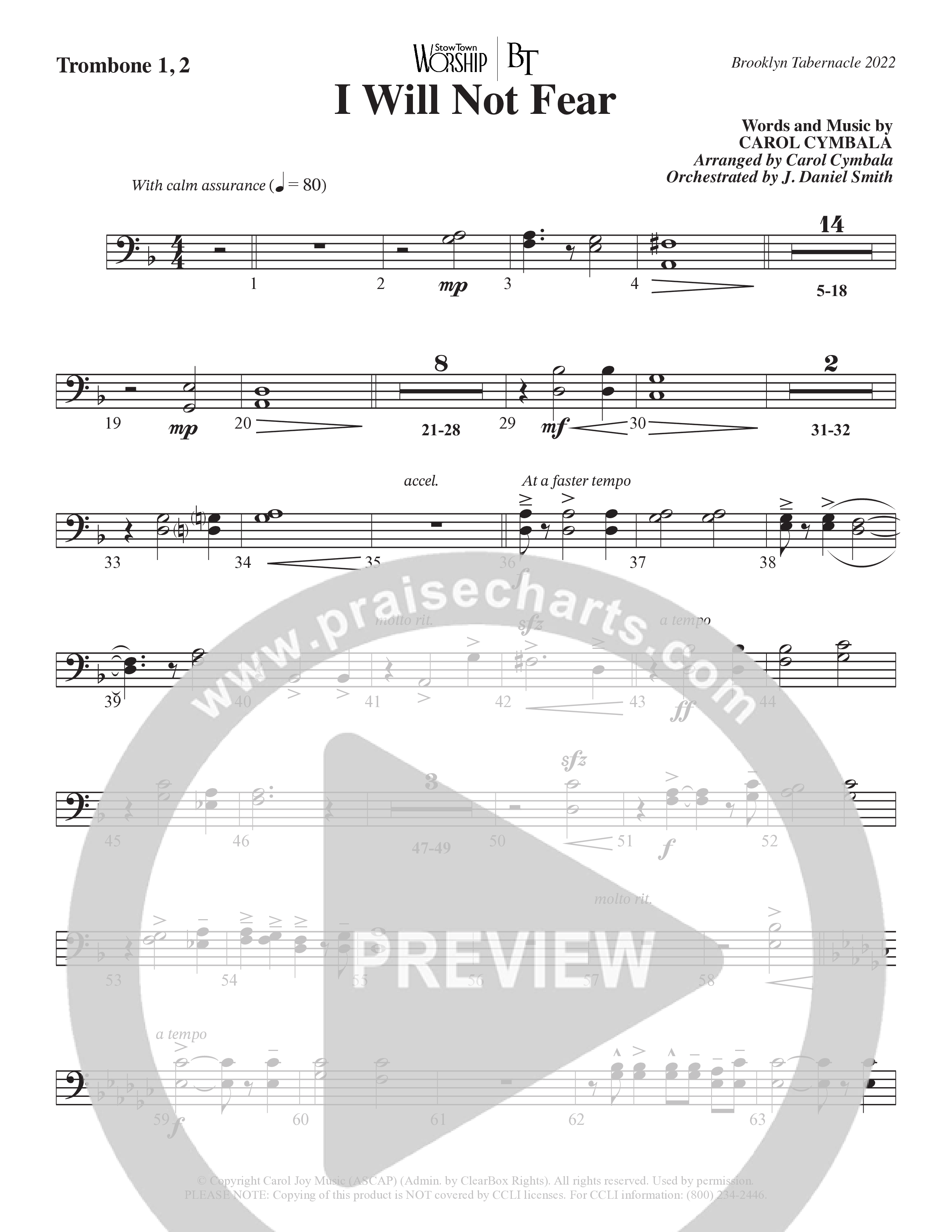 I Will Not Fear (Choral Anthem SATB) Trombone 1/2 (The Brooklyn Tabernacle Choir / Arr. Carol Cymbala / Orch. J. Daniel Smith)