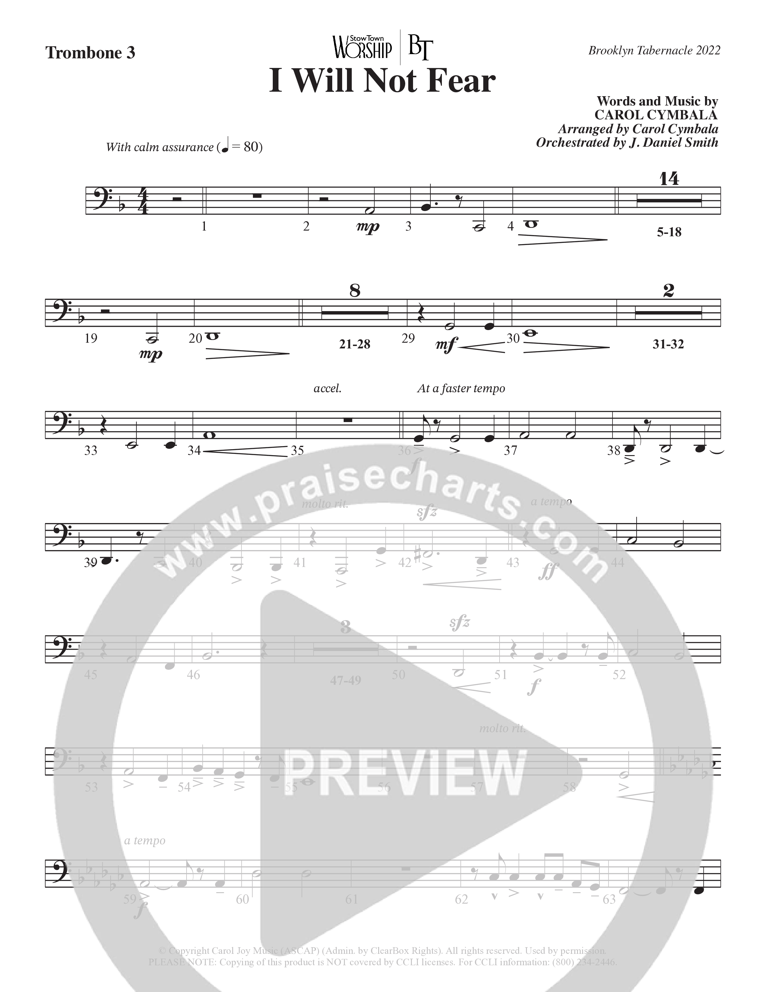 I Will Not Fear (Choral Anthem SATB) Trombone 3 (The Brooklyn Tabernacle Choir / Arr. Carol Cymbala / Orch. J. Daniel Smith)