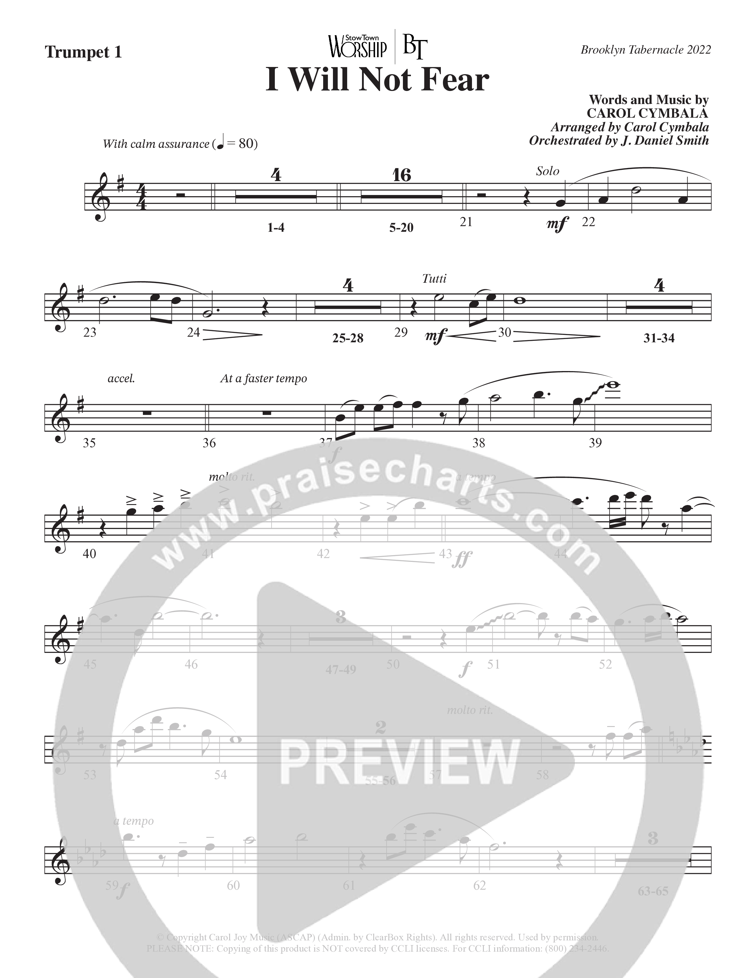 I Will Not Fear (Choral Anthem SATB) Trumpet 1 (The Brooklyn Tabernacle Choir / Arr. Carol Cymbala / Orch. J. Daniel Smith)