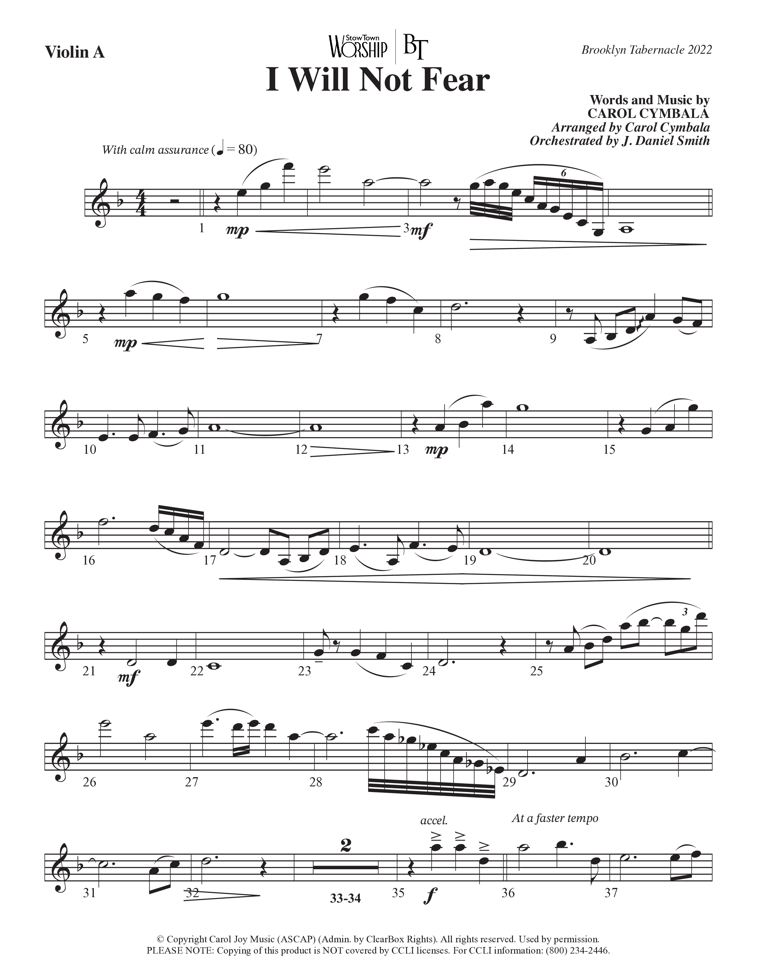 I Will Not Fear (Choral Anthem SATB) Violin 1 (The Brooklyn Tabernacle Choir / Arr. Carol Cymbala / Orch. J. Daniel Smith)