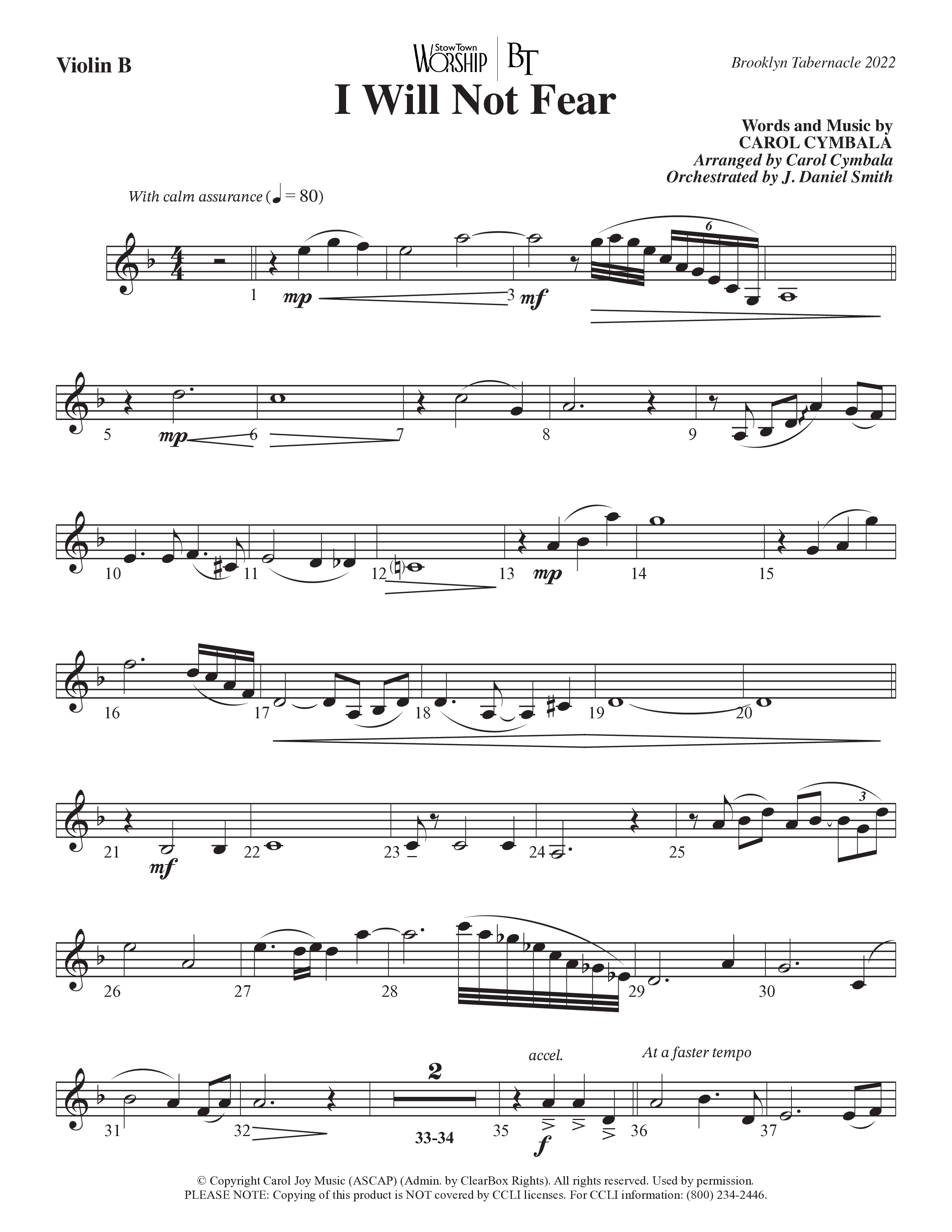 I Will Not Fear (Choral Anthem SATB) Violin 2 (The Brooklyn Tabernacle Choir / Arr. Carol Cymbala / Orch. J. Daniel Smith)