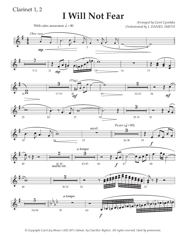 I Will Not Fear (Choral Anthem SATB) Clarinet 1/2 (The Brooklyn Tabernacle Choir / Arr. Carol Cymbala / Orch. J. Daniel Smith)