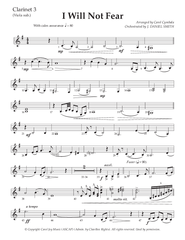 I Will Not Fear (Choral Anthem SATB) Clarinet 3 (The Brooklyn Tabernacle Choir / Arr. Carol Cymbala / Orch. J. Daniel Smith)