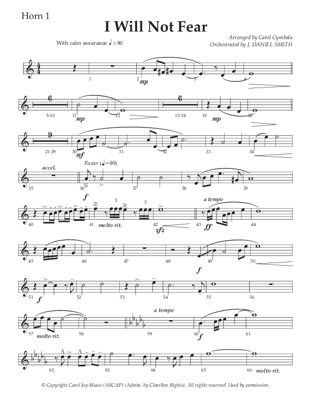 I Will Not Fear (Choral Anthem SATB) French Horn 1 (The Brooklyn Tabernacle Choir / Arr. Carol Cymbala / Orch. J. Daniel Smith)