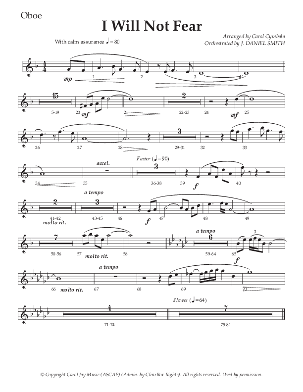 I Will Not Fear (Choral Anthem SATB) Oboe (The Brooklyn Tabernacle Choir / Arr. Carol Cymbala / Orch. J. Daniel Smith)