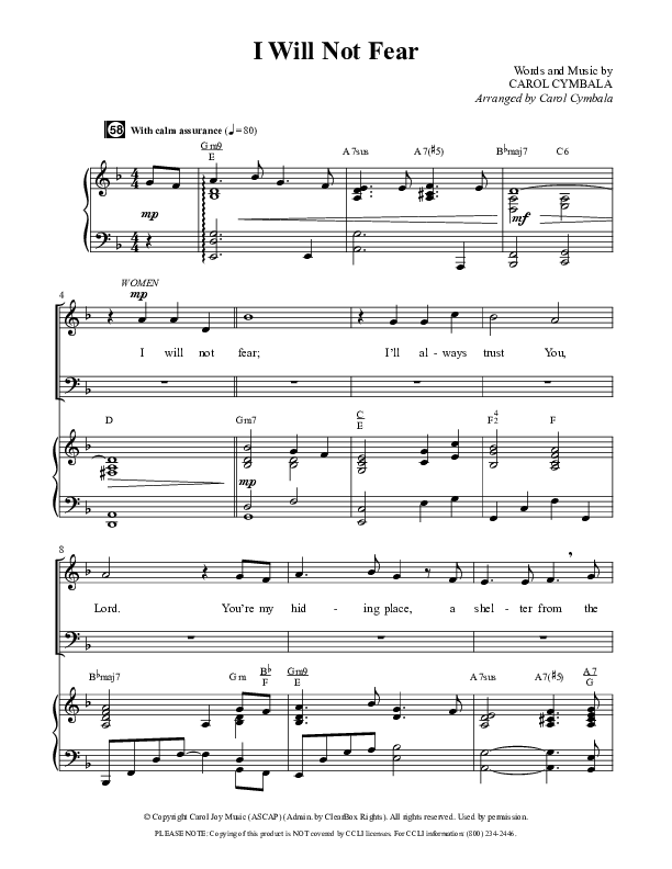 I Will Not Fear (Choral Anthem SATB) Anthem (SATB/Piano) (The Brooklyn Tabernacle Choir / Arr. Carol Cymbala / Orch. J. Daniel Smith)