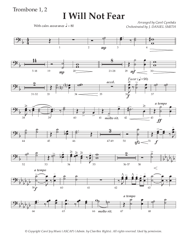 I Will Not Fear (Choral Anthem SATB) Trombone 1/2 (The Brooklyn Tabernacle Choir / Arr. Carol Cymbala / Orch. J. Daniel Smith)