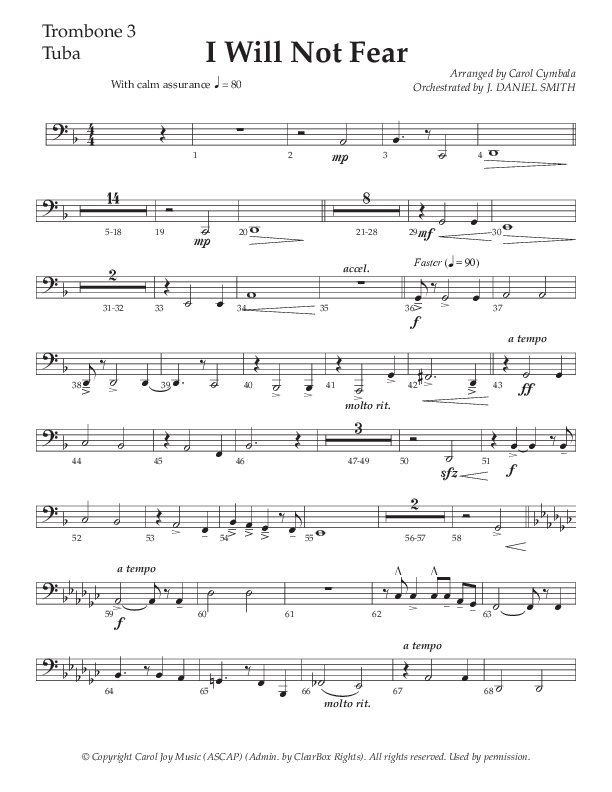 I Will Not Fear (Choral Anthem SATB) Trombone 3/Tuba (The Brooklyn Tabernacle Choir / Arr. Carol Cymbala / Orch. J. Daniel Smith)
