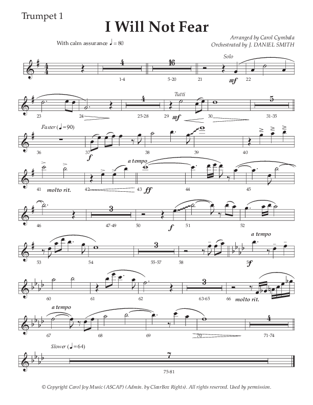 I Will Not Fear (Choral Anthem SATB) Trumpet 1 (The Brooklyn Tabernacle Choir / Arr. Carol Cymbala / Orch. J. Daniel Smith)